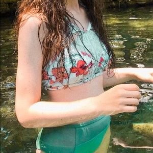 Teal Halter Floral Swim Suit High Waisted Bikini